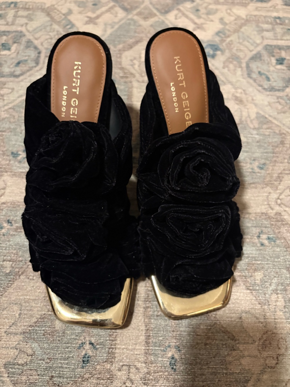 Kurt Geiger Black Velvet Rose Mules with Gold Toe